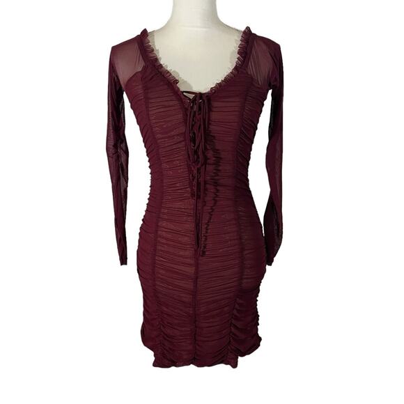 Majorelle Darling Dress in Merlot Ruched Mesh Ruffle Trim Bodycon Size Medium - Picture 2 of 8